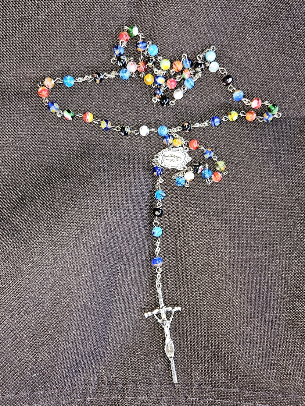 Multicolor Bead Rosary Necklace with Silver Crucifix